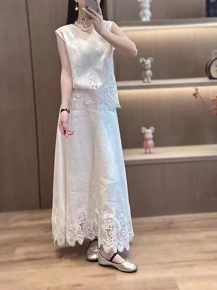 【百吉丽】苎麻法式蕾丝勾花下摆圆领春夏 无袖背心半身裙 TY25172