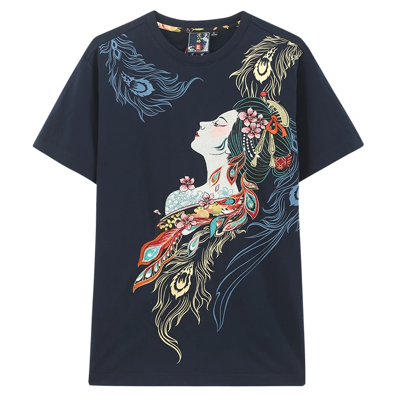 ONIARAI/鬼洗泥棒蓝凤鸣九天刺绣宽松休闲短袖纯棉T恤22NOB34