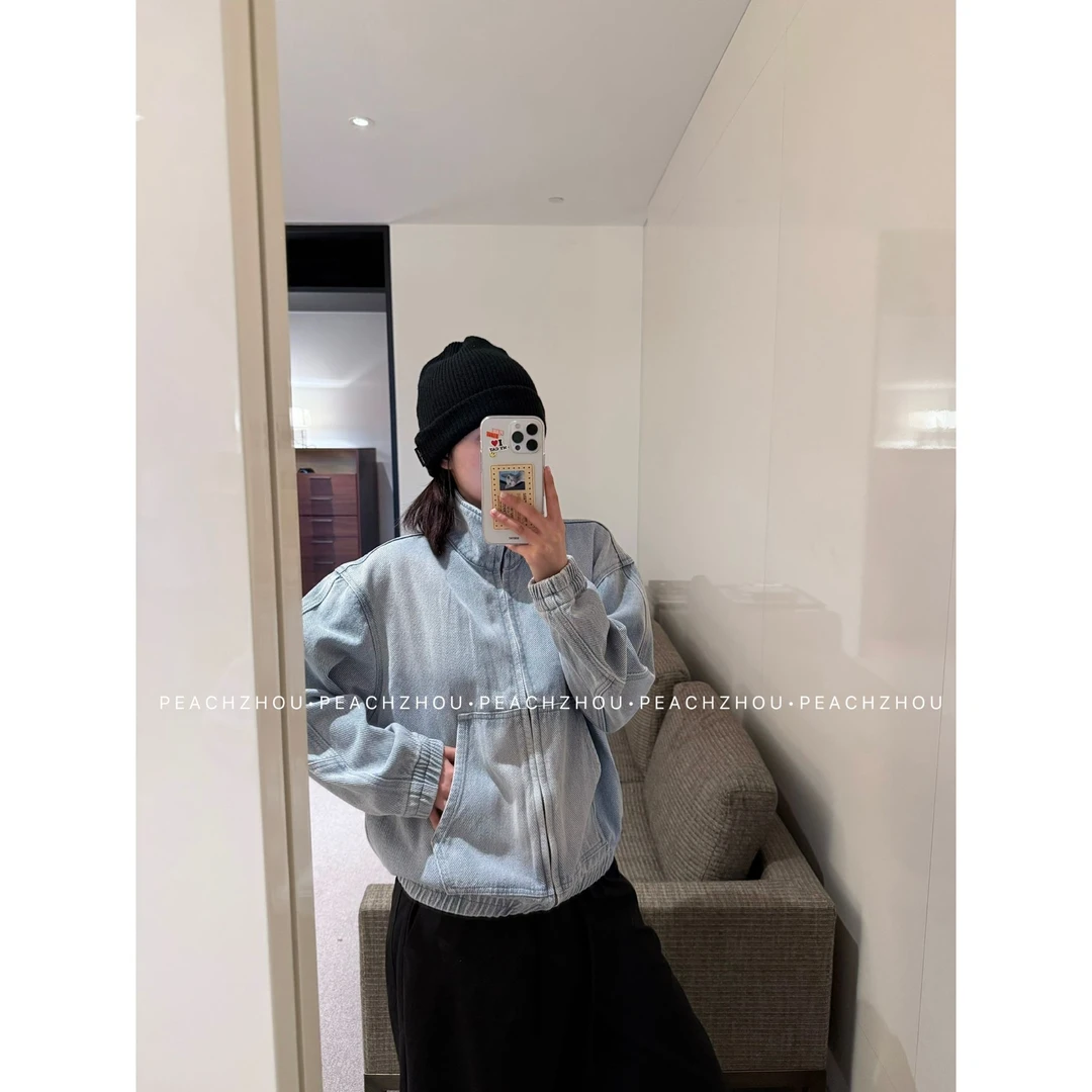 『PEACHZHOU』水洗浅蓝立体斜纹宽松立领牛仔外套美式复古休闲夹克