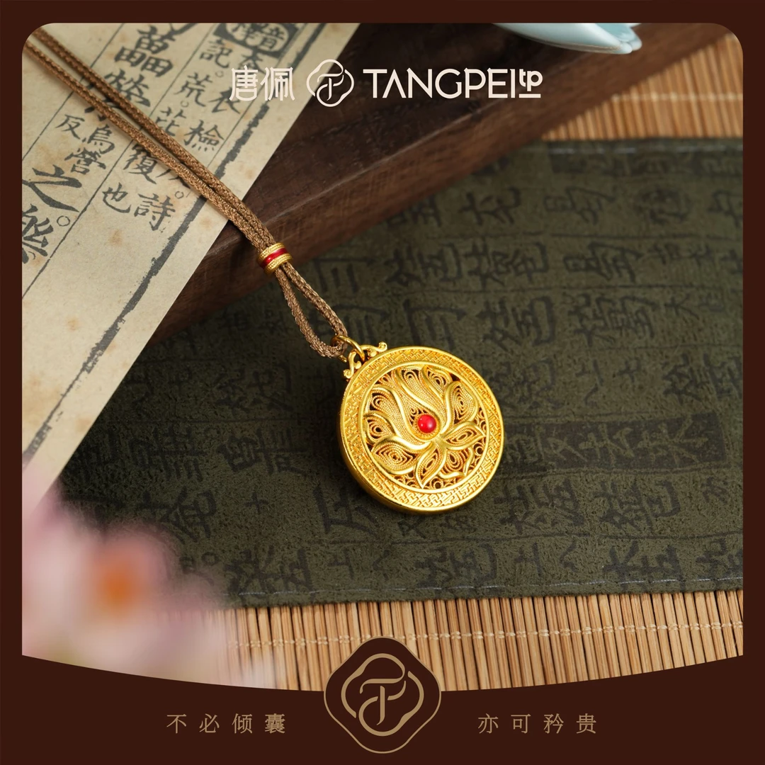 铜合金布艺项链 设计感新中式莲花吉祥如意罗盘项链复古时尚饰品