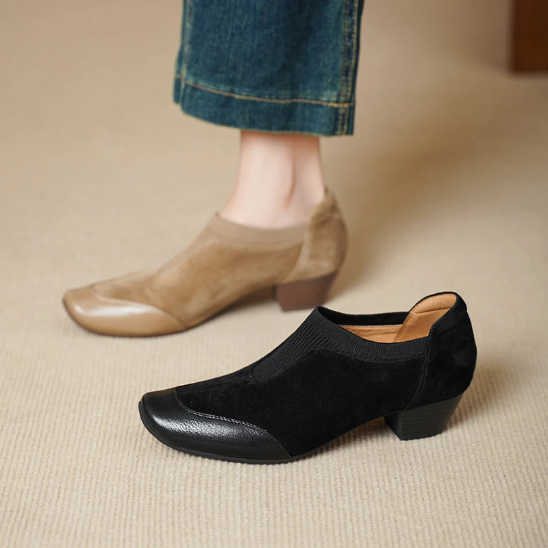 【5cm/羊皮】初春新款英伦风百搭复古方头粗跟单鞋H628-1