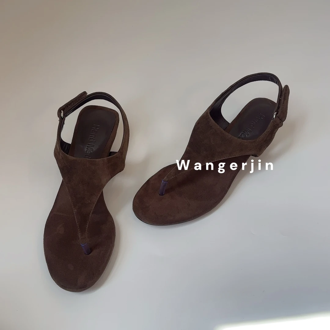 【王二今】牛皮/4CM/坡跟极简松弛休闲一字带时装夹趾人字拖凉鞋