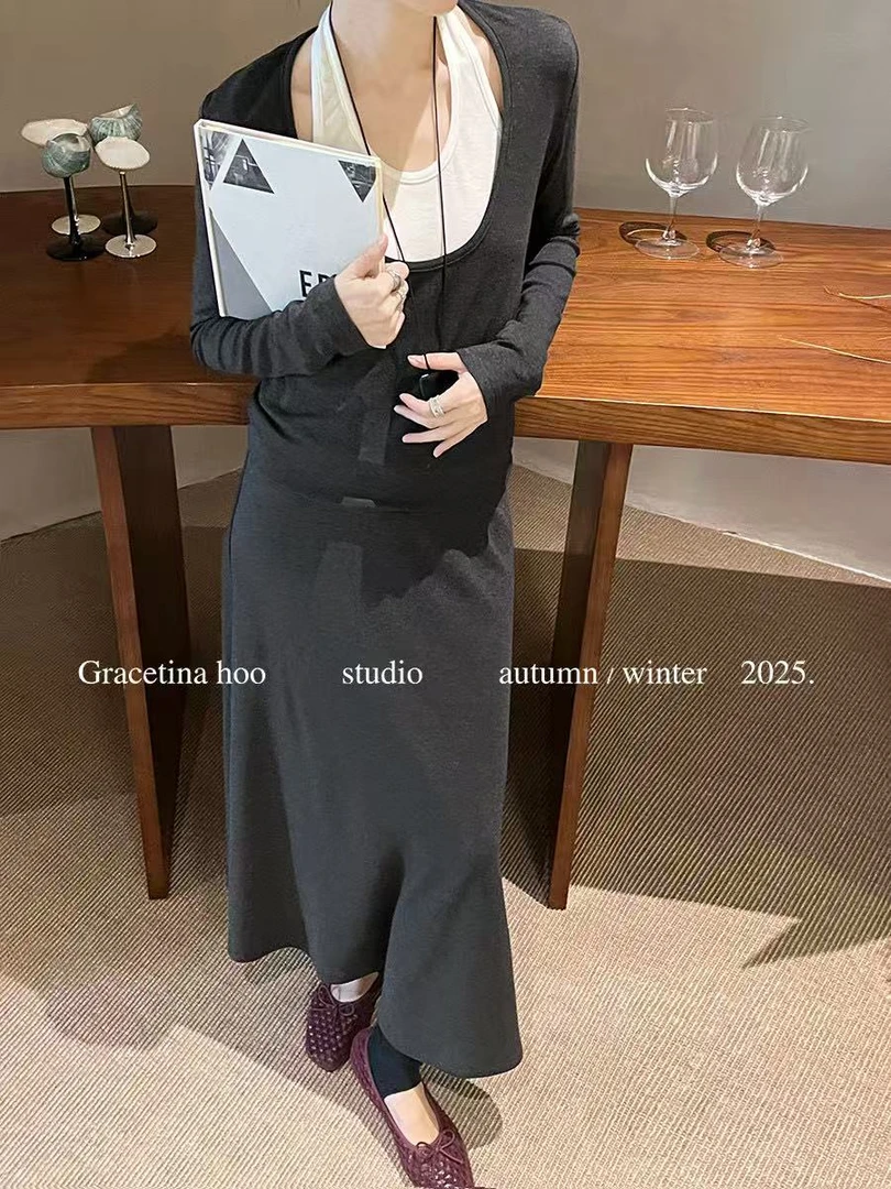 HOO加厚磨毛撞色假两件针织连衣裙 204（福福）