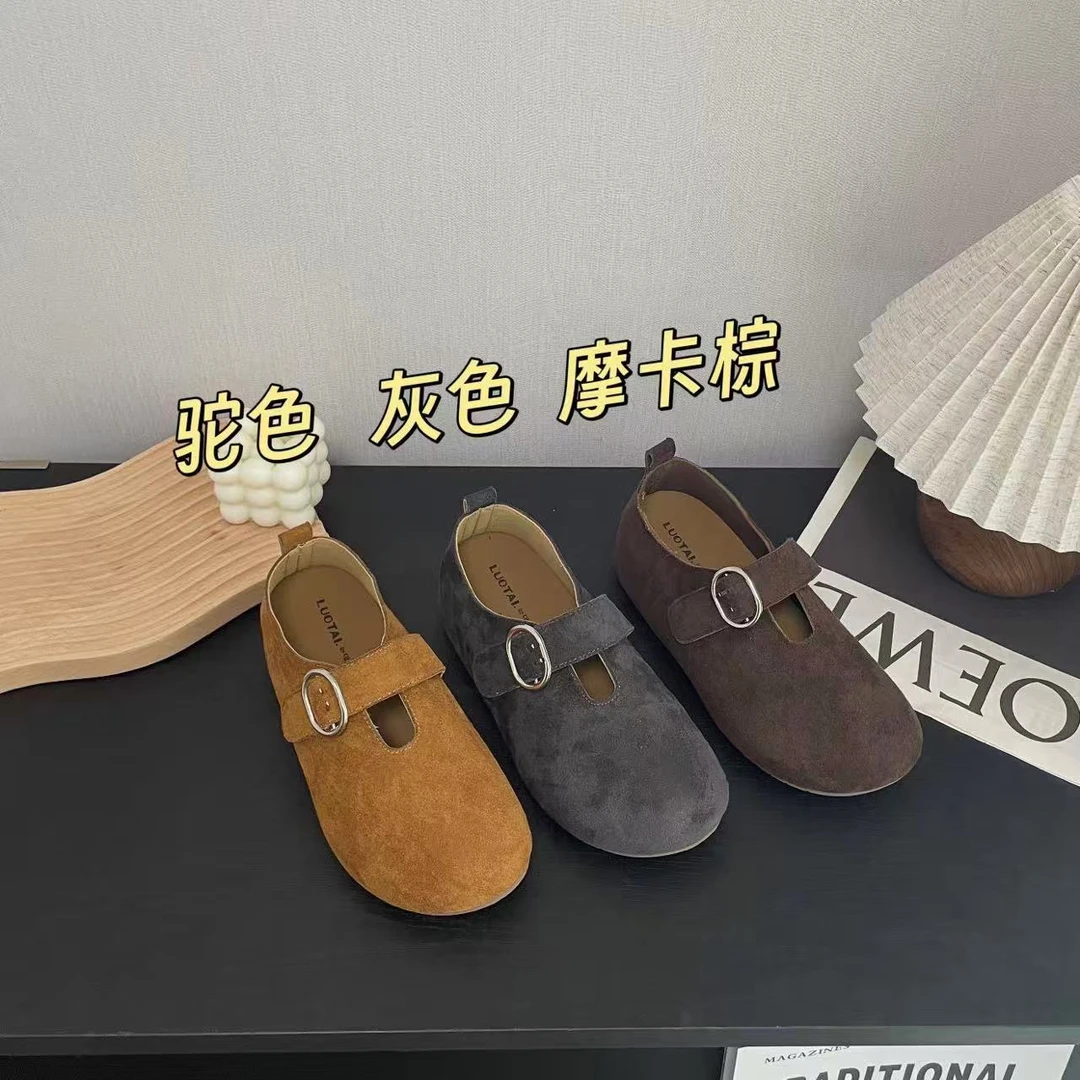 5CM 极简风内增高灰色休闲风单鞋圆头百搭豆豆鞋皮鞋舒适复古软底