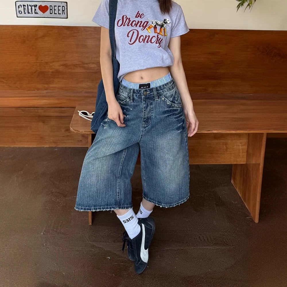 大码美式镶砖竹节牛仔七分裤男女夏季新款水洗宽松百搭阔腿中裤潮