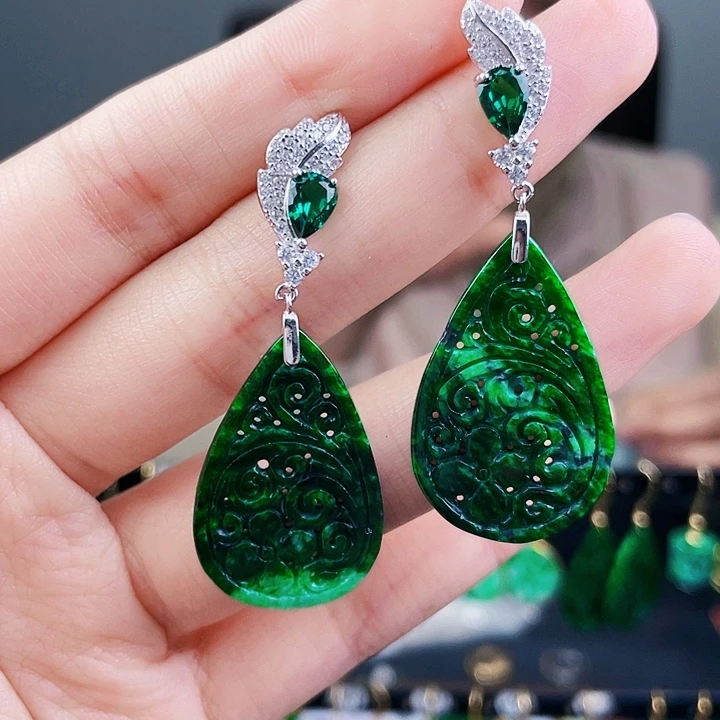 翡翠耳饰银S925镶嵌饰品