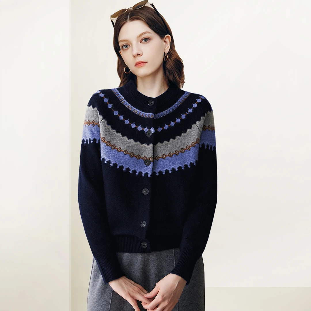 QOOEL时尚复古撞色毛衣外套女2025秋冬新款洋气别致设计感针织衫