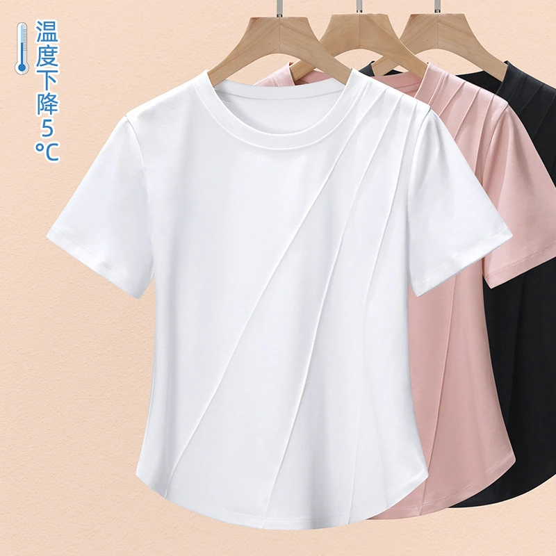 丝光棉短袖t恤女凉感正肩2025夏季新款休闲宽松打底衫1688上 衣服