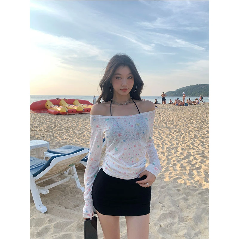 withmin凉皮 夏日趣味 星星一字肩长袖罩衫显瘦休闲上衣【2522053】