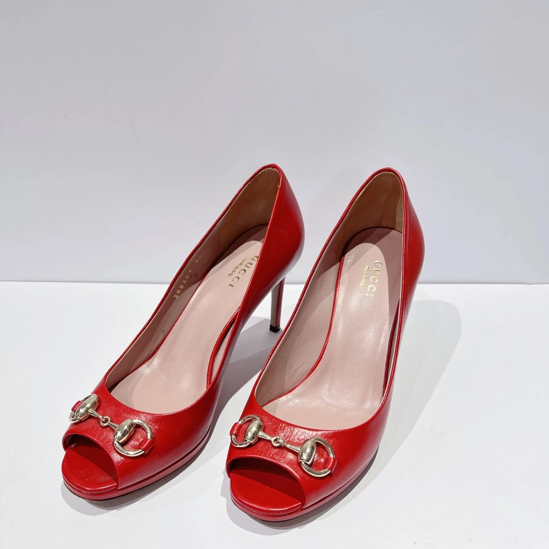 95新 GUCCI/古驰 经典马蹄扣鱼嘴高跟鞋36.5码高6