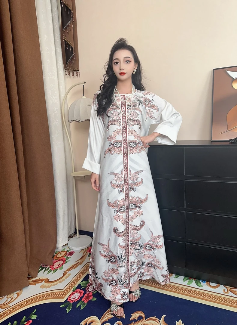 中东清冷系禅意衣服女优雅手缝钉珠长款连衣裙037