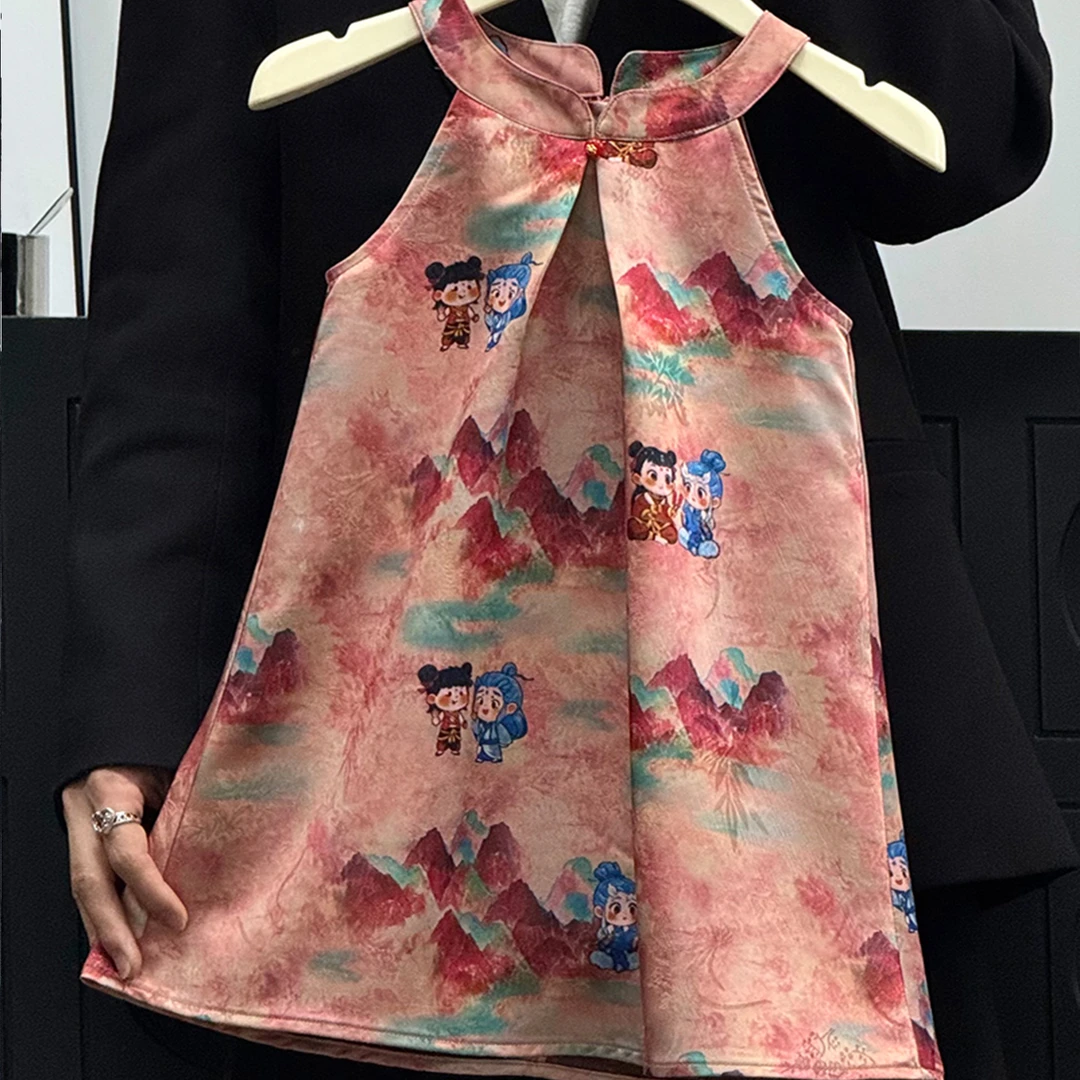 壹妈原创女童夏季新款新中式卡通小人挂脖旗袍裙时尚日常小裙子