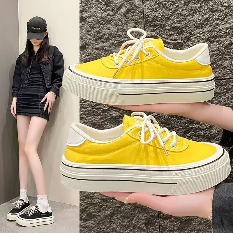 厚底帆布鞋2025新款春夏女鞋子爆款超火百搭系带运动休闲黄色板鞋