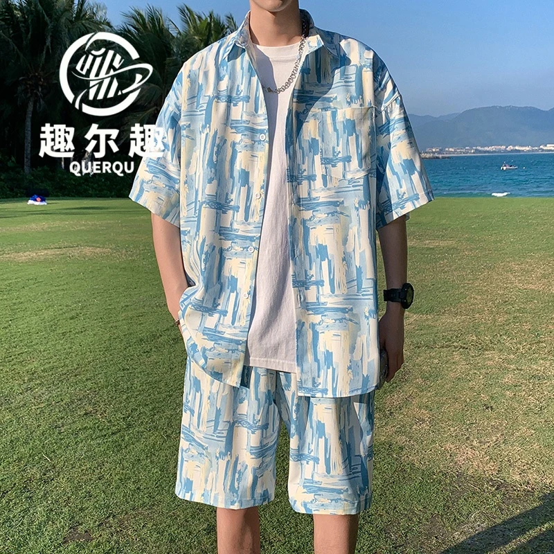 海边度假沙滩服男士三亚旅行穿搭男装冰丝速干可下水短袖短裤套装