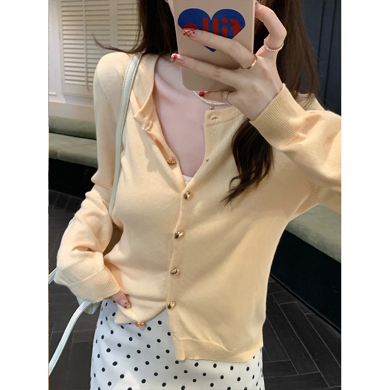 韩系奶黄色针织开衫女春秋款外搭上衣薄款防晒空调衫显瘦气质外套