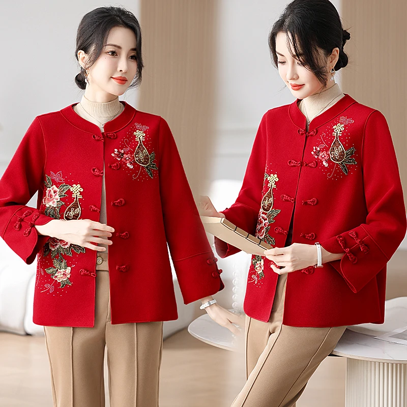 婆婆婚宴装红色外套女春秋款2025新款中老年新中式国风妈妈秋装