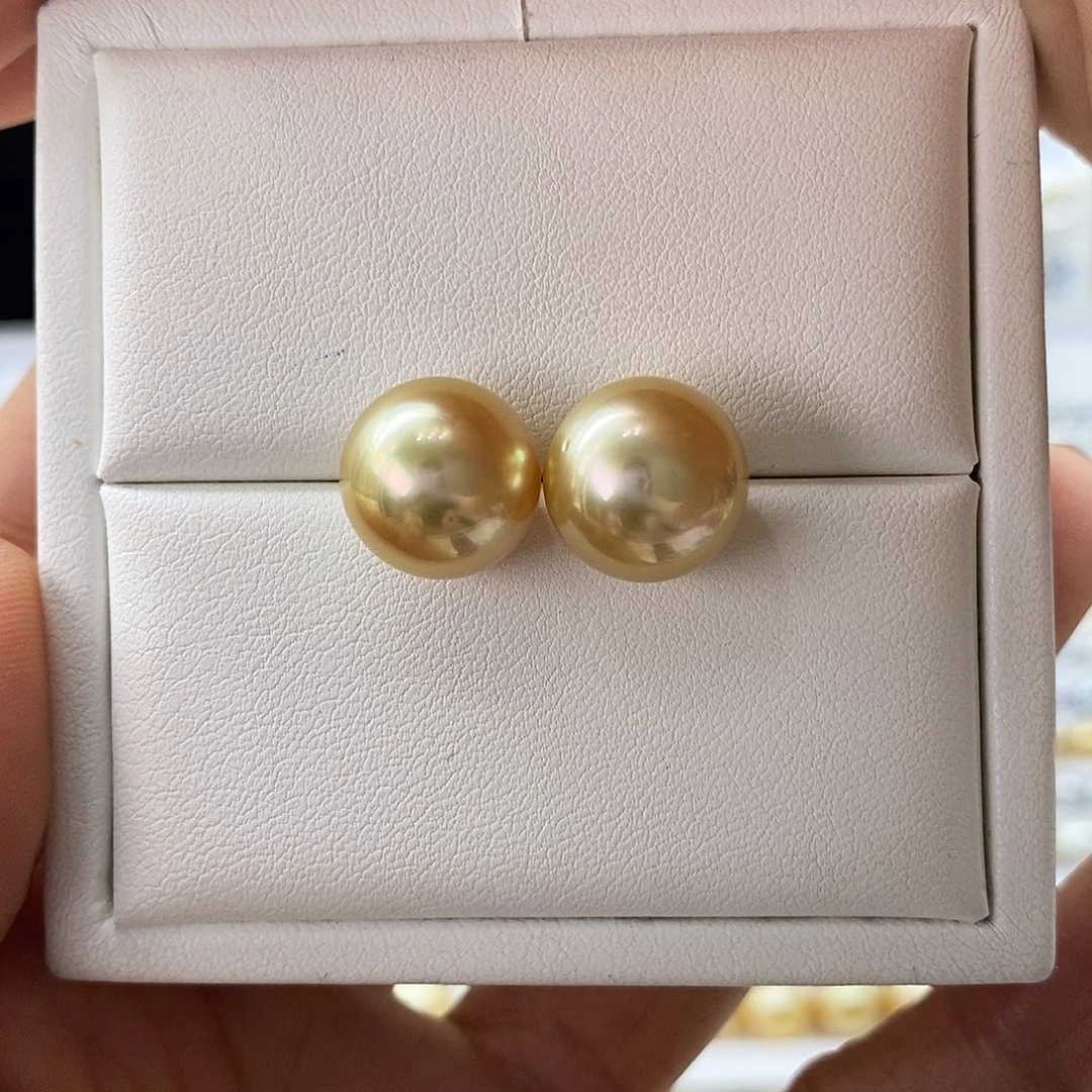 海水珍珠耳饰18K金镶嵌南洋金珠12-13m m