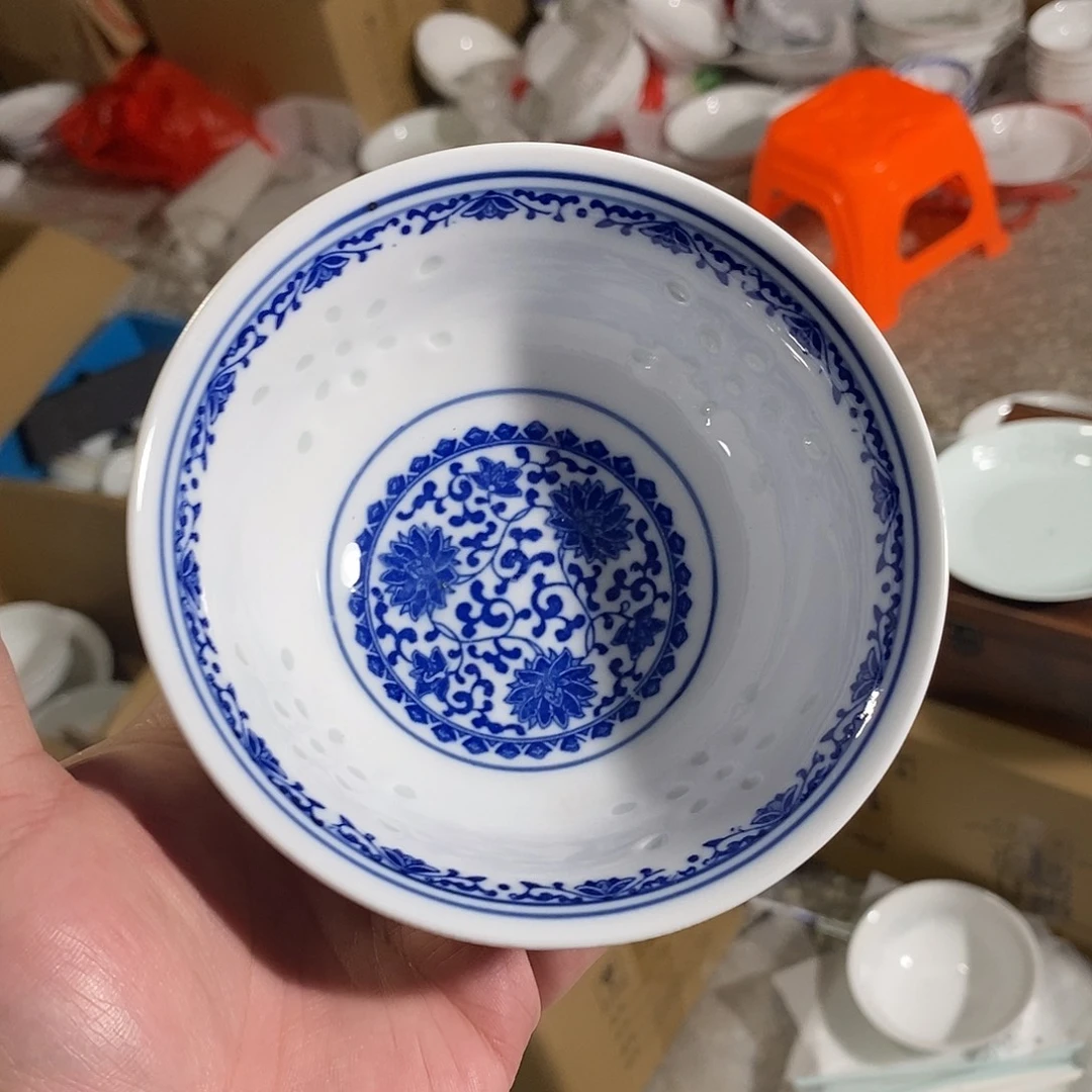 陶摆件5寸高温玲珑瓷碗2支