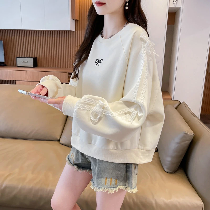 卫衣女2025蕾丝花边蝴蝶结新款春秋季韩版宽松设计感加绒上衣外套