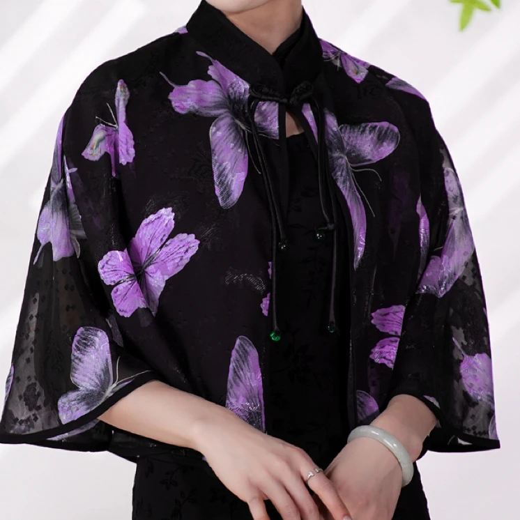 A187【粉紫蝴蝶飞飞】气质时尚百搭复古中式丝巾披肩女士