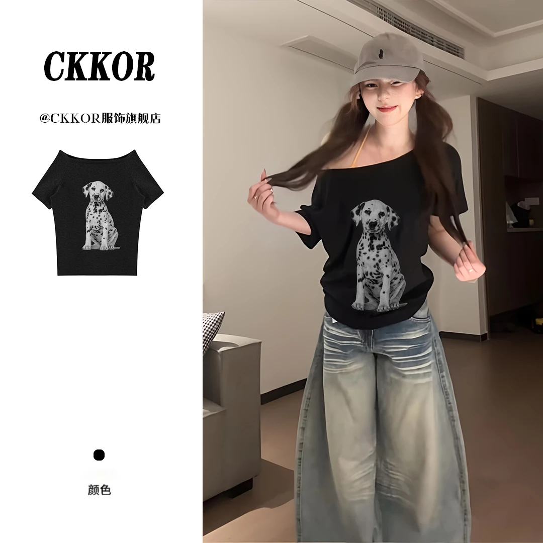 CKKOR夏季新款性感一字领斜肩短袖t恤女美式辣妹网红洋气炸街女装