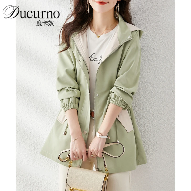 撞色连帽风衣外套女2025年秋季新款小个子气质休闲百搭宽松上衣