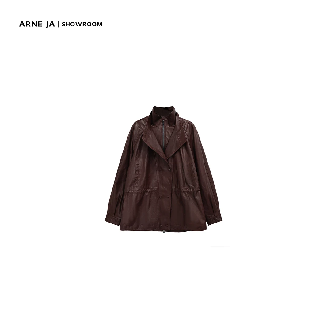 ARNE JA｜“解构美学”油蜡羔羊皮双层领抽褶收腰夹克D3P1040W