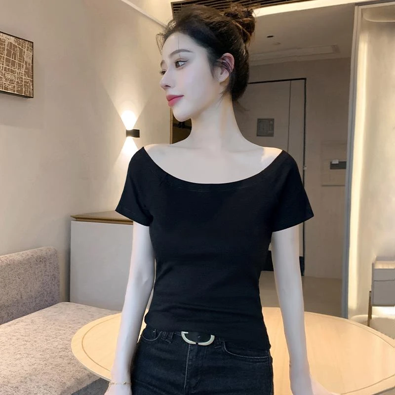 一字肩短袖黑色t恤女2025新款夏季修身洋气露锁骨法式高级感上衣
