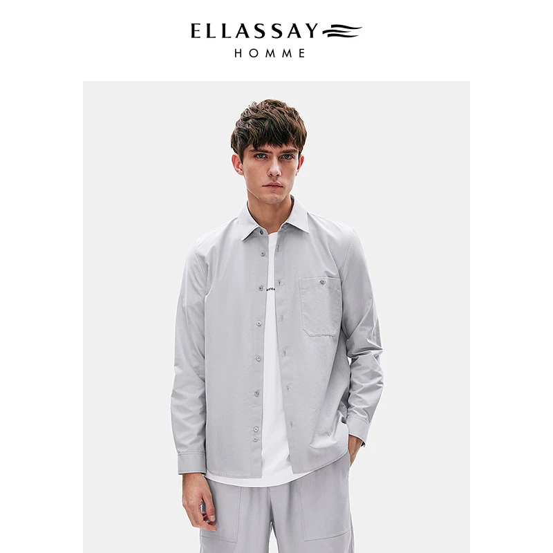 ELLASSAY歌力思男装夏季新款棉质桑蚕丝翻领长袖衬衫EME352C03000