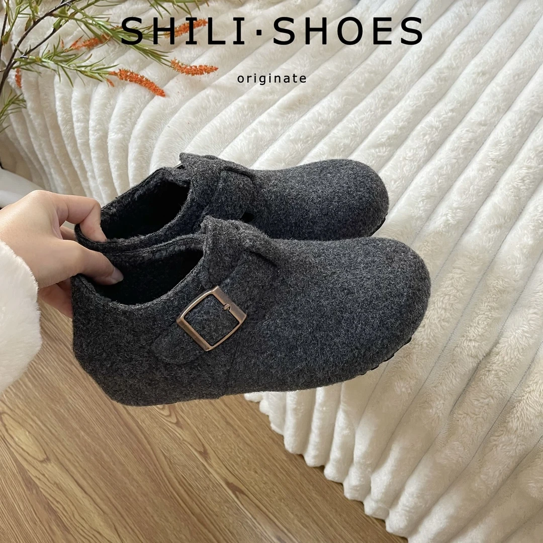 5cm/7cm内增高加绒勃肯鞋2025秋冬毛呢保暖棉鞋一脚蹬灰色毛毛鞋