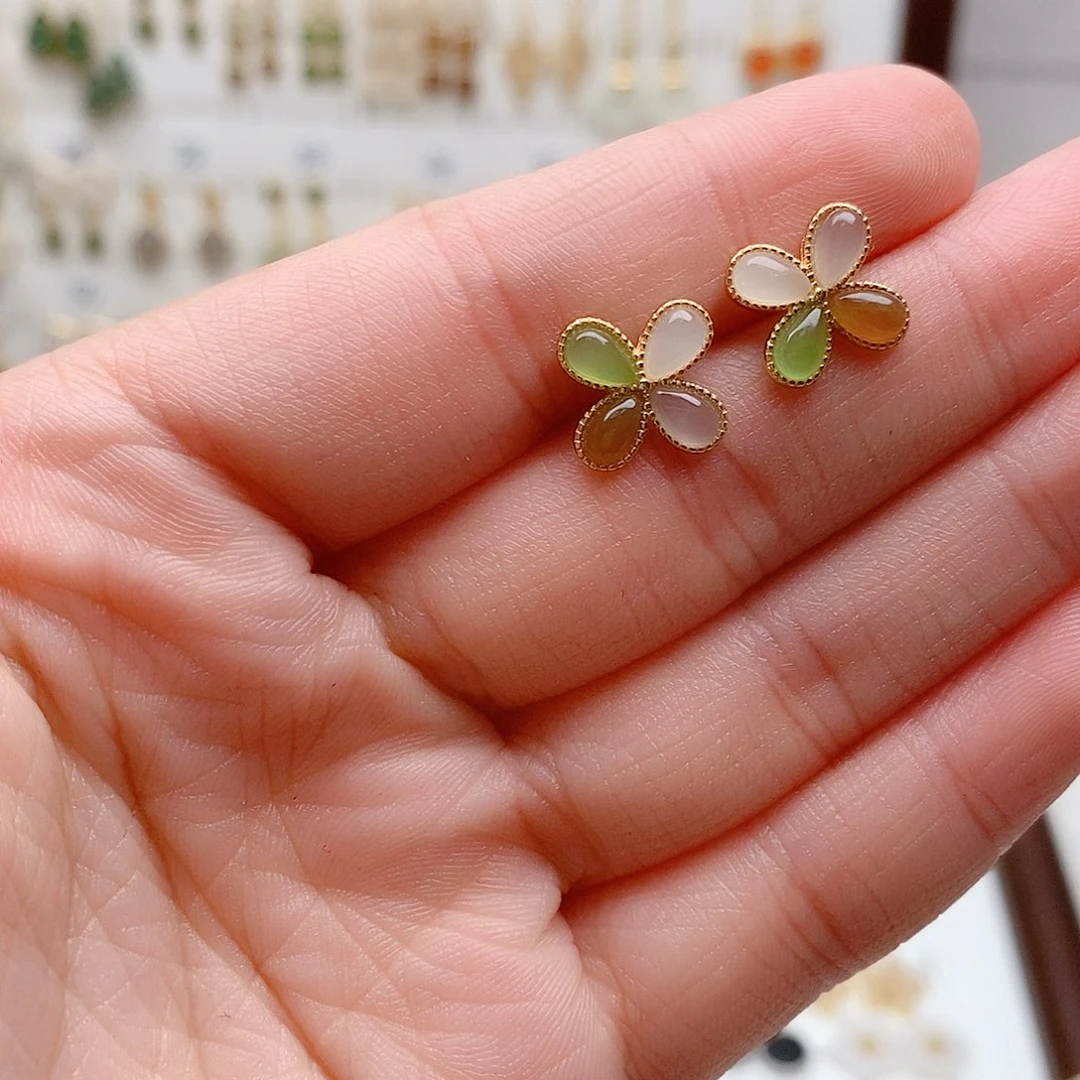 和田玉银S925镶嵌耳饰