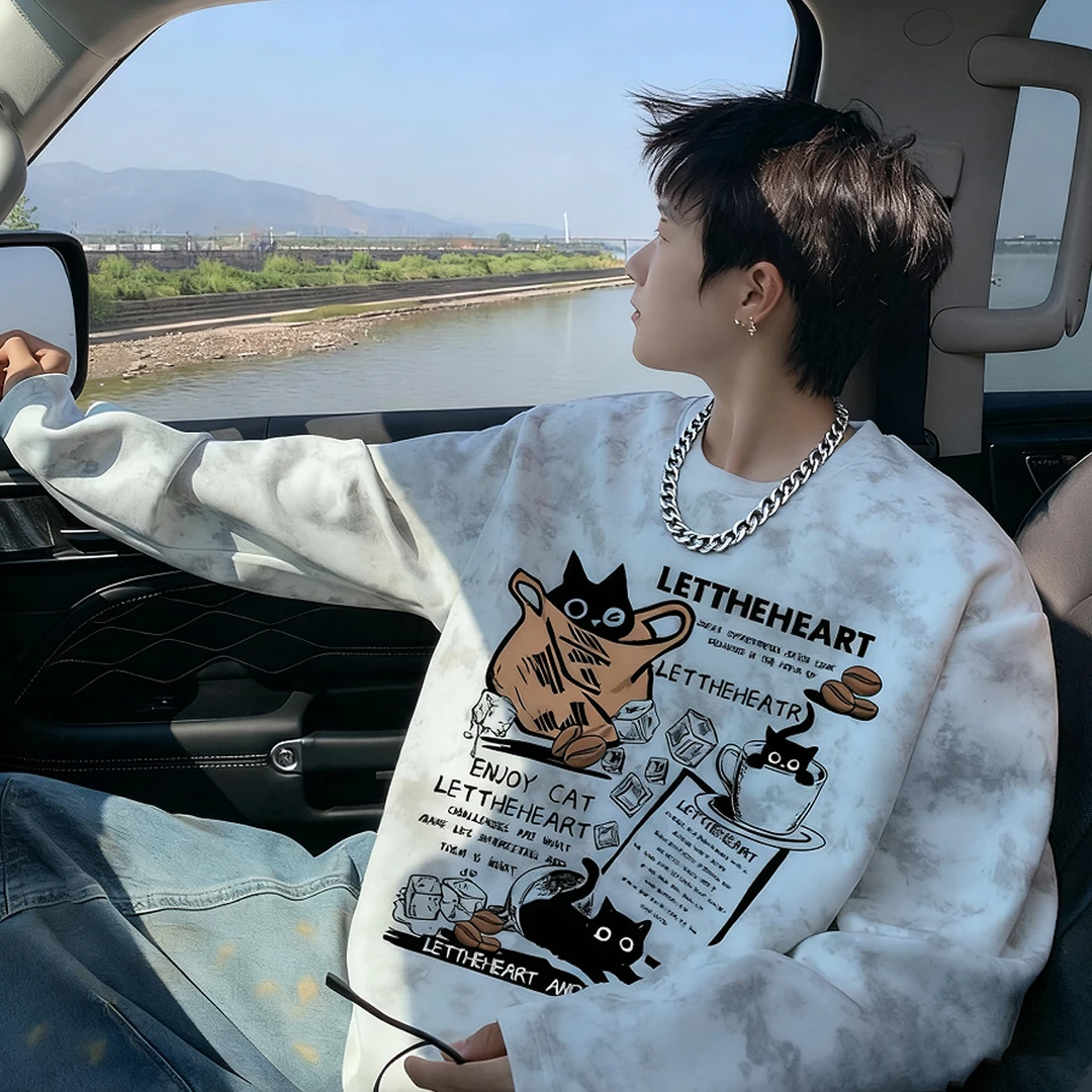 男生秋季美式印花扎染加绒长袖T恤宽松休闲圆领高街ins青少年潮流