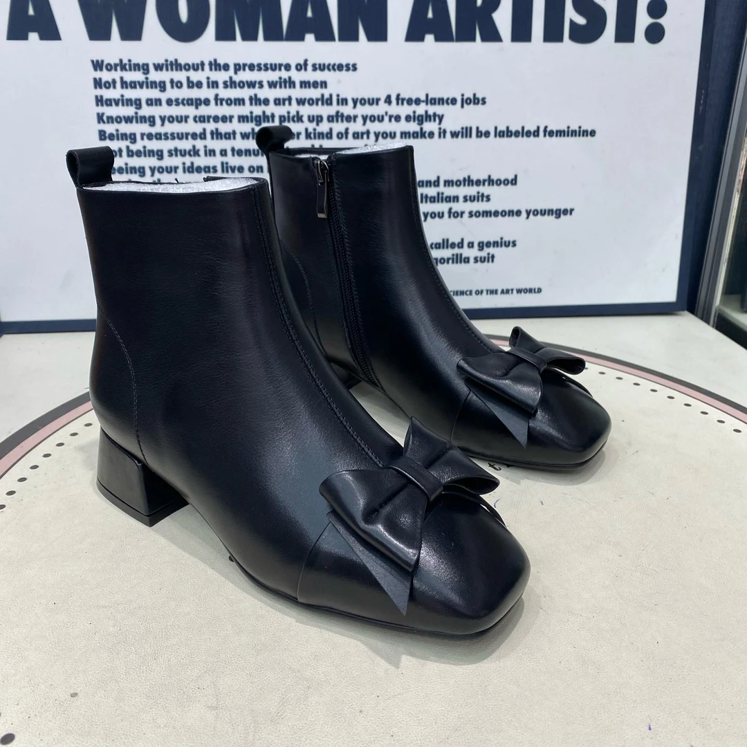 玟-方跟蝴蝶结纯皮大棉短靴女棉靴