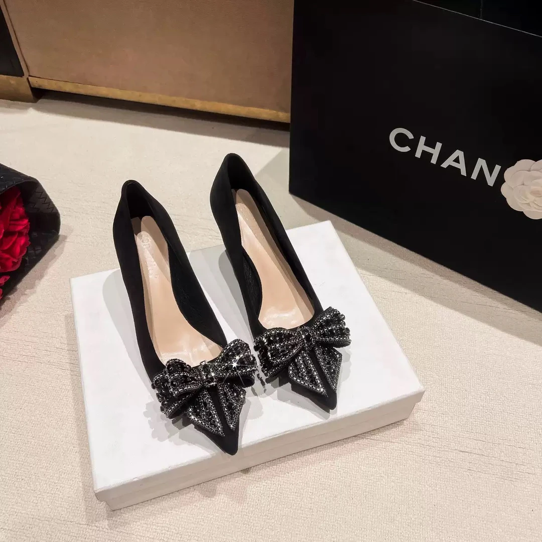 蝴蝶结水钻高跟鞋2025春绒面细跟性感名媛晚宴单鞋通勤百搭女鞋