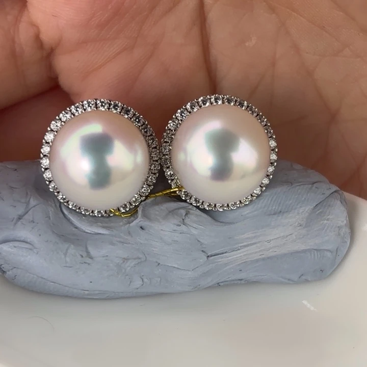 定制海水珍珠18K金镶嵌耳饰12-13mm澳白太阳花款耳饰