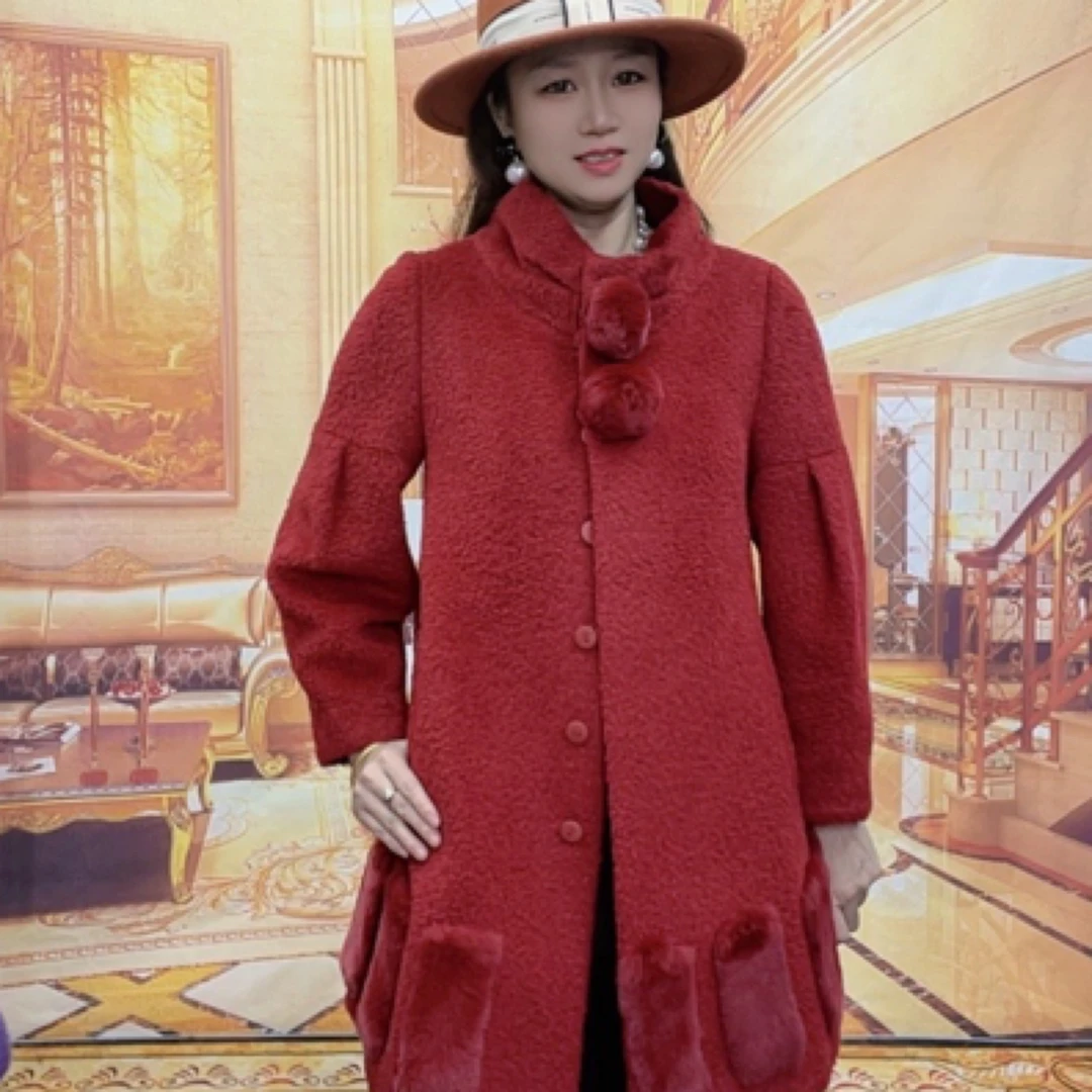 318秋冬外套加厚中长款毛呢保暖大衣中老年款