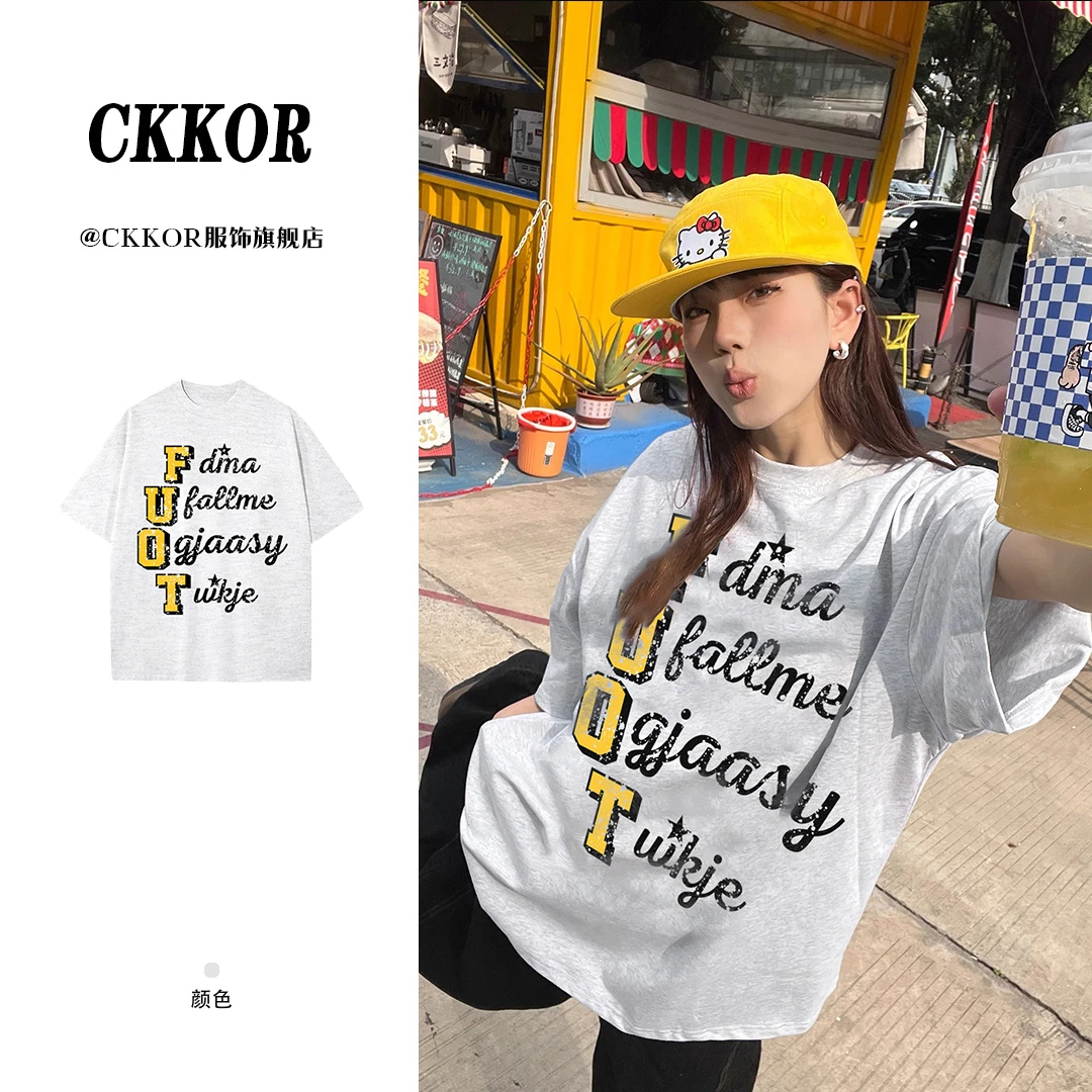 美式复古设计感简约字母印花潮牌短袖t恤女休闲百搭半袖上衣