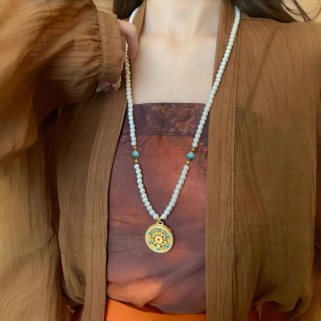 国潮新中式仿珍珠项链女百搭汉服配饰八宝罗盘吊坠颈链