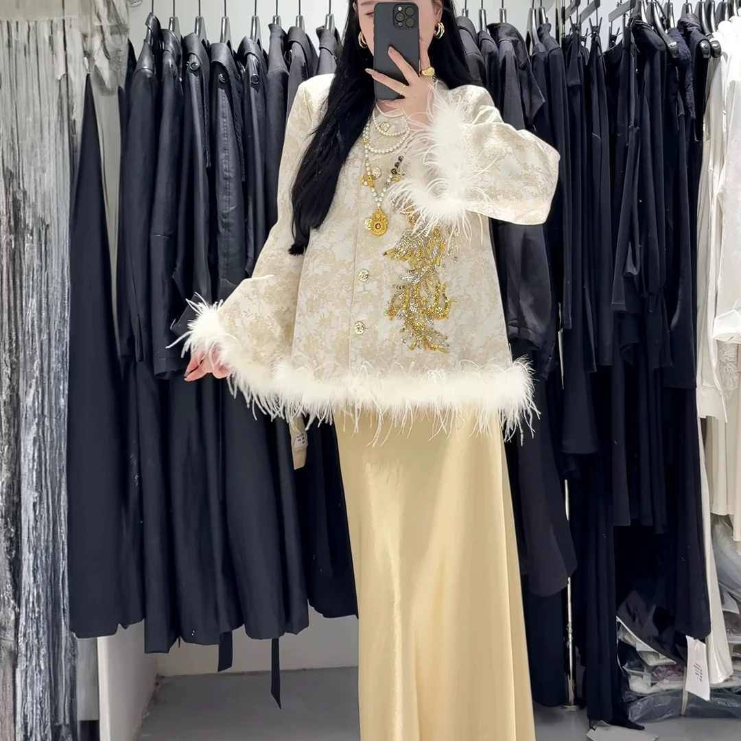 D999-3256【凤栖梧】新中式冬季加棉加厚国风提花重工刺绣上衣女