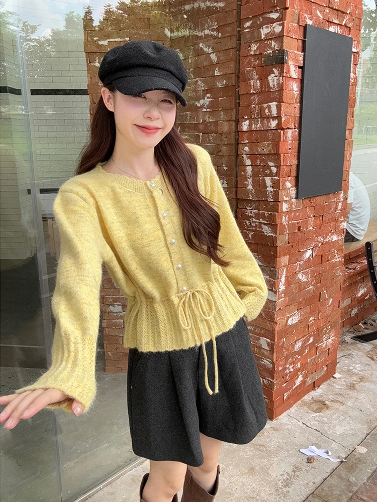 温柔风绑带收腰长袖毛衣女2025秋季新款韩系软糯减龄针织上衣ins