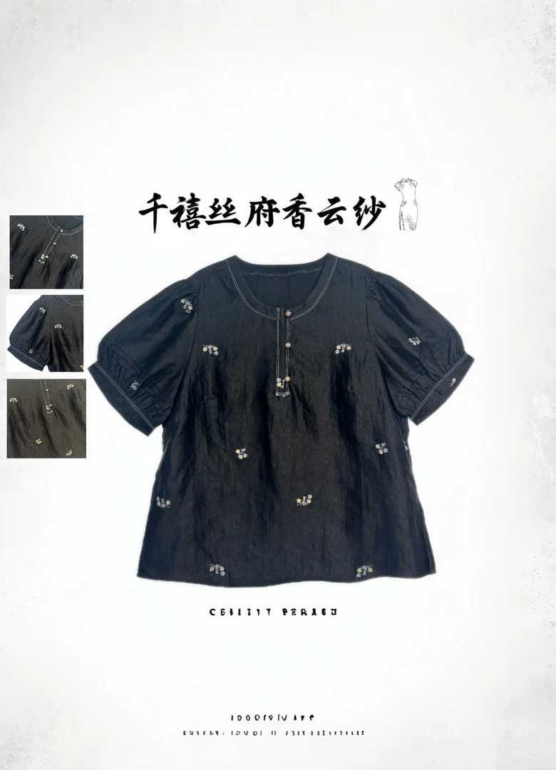 【千禧专属】1455香云纱桑蚕丝休闲时尚气质百搭黑龟刺绣上衣