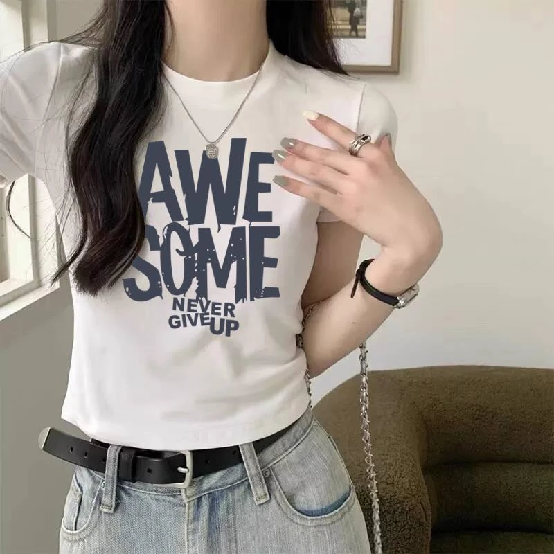 正肩圆领短袖t恤女夏季设计感修身短款小个子体恤白色上衣洋气ins