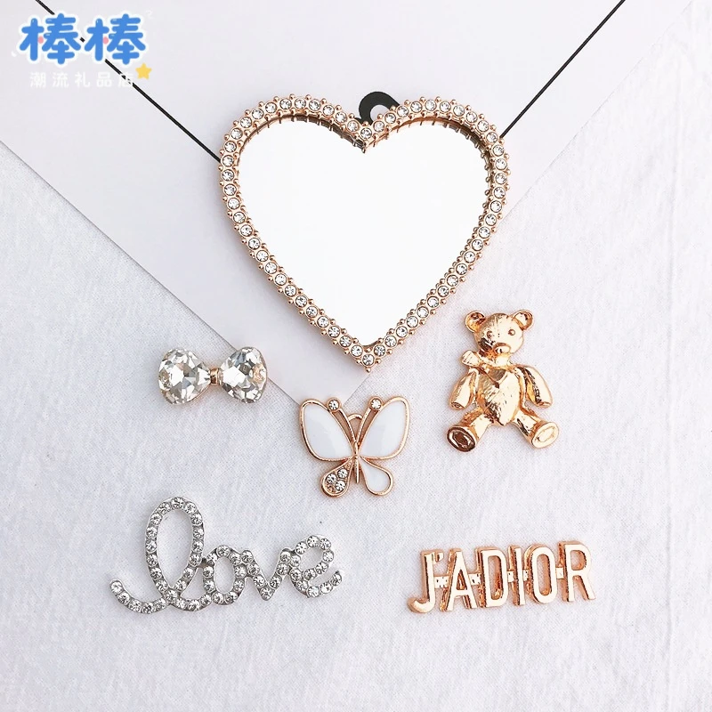 新款diy手机壳饰品光面小熊爱心镜子配件小蝴蝶love贴钻