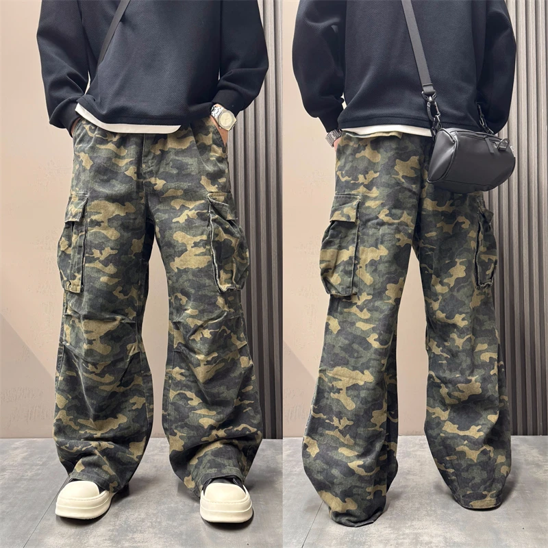 美式复古迷彩工装裤男秋季高街2025新款户外机能风痞帅阔腿拖地裤