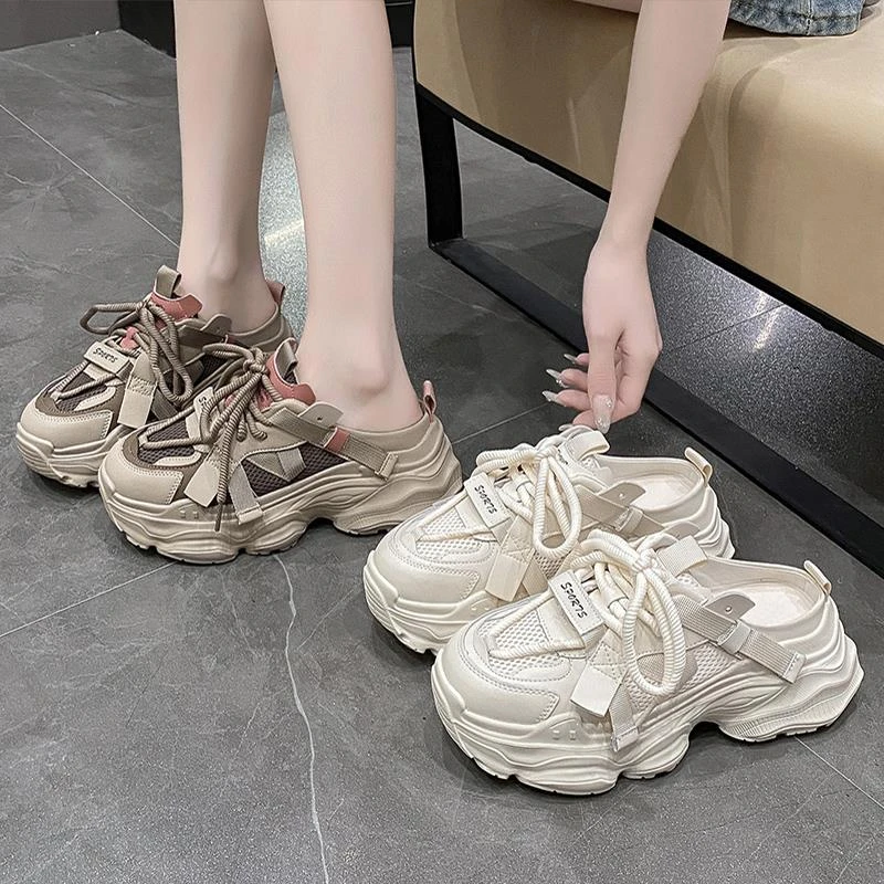 【品牌撤柜】网面老爹鞋包头半拖鞋女款2025新款春夏款厚底懒人一脚