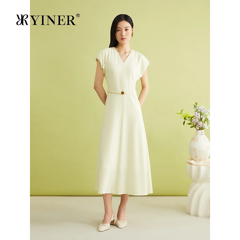 【醋酸系列】YINER音儿夏季法式优雅V领花苞袖悬垂连衣裙