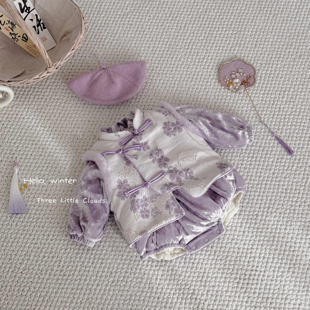 三小朵2954【紫霞云间】女宝新年紫色加绒加厚可爱包屁哈衣套装新年
