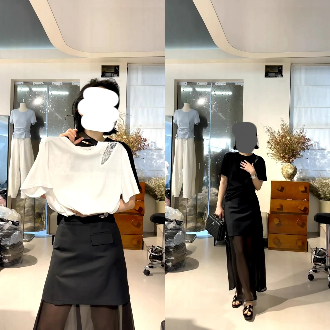 2025新款小众设计圆领镂空蕾丝拼接短袖T恤上衣百搭时尚