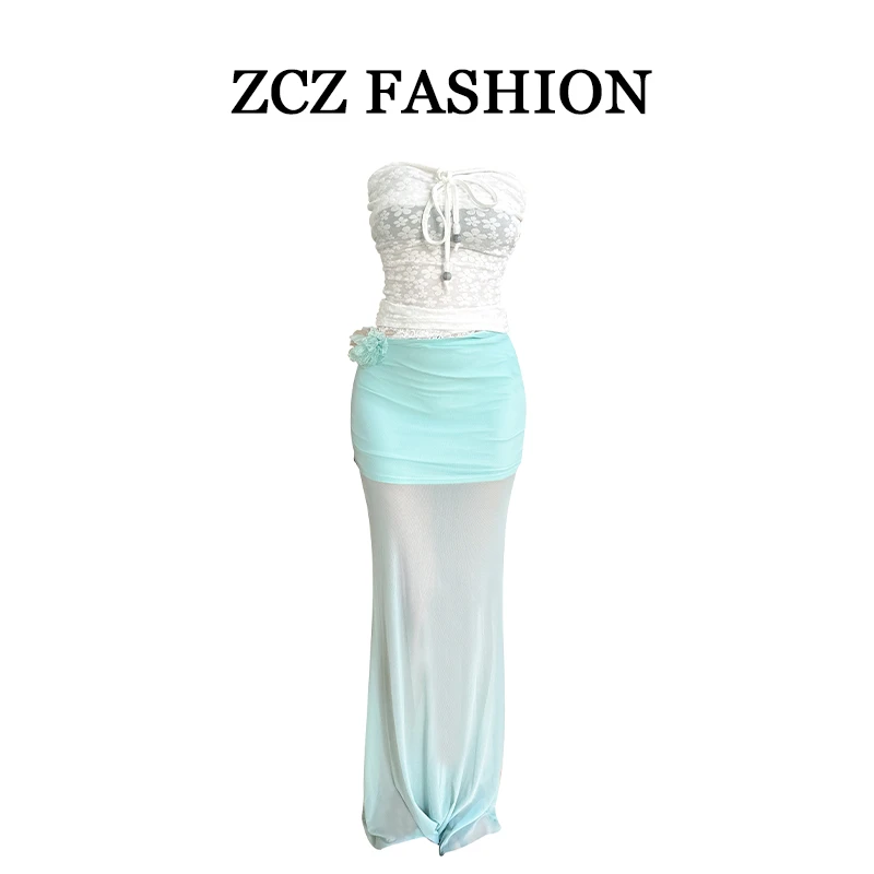 纯欲风度假沙滩套装女夏季新款抽绳抹胸上衣+高腰网纱长款半身裙