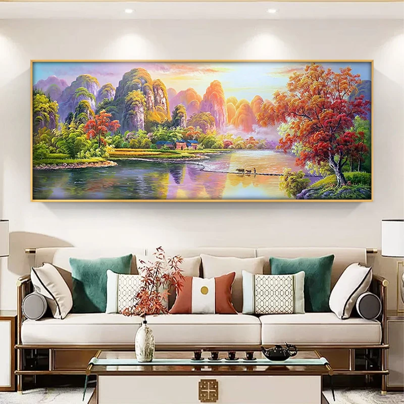 手绘油画客厅山水风景油画新中式客厅装饰画别墅挂画桂林山水画